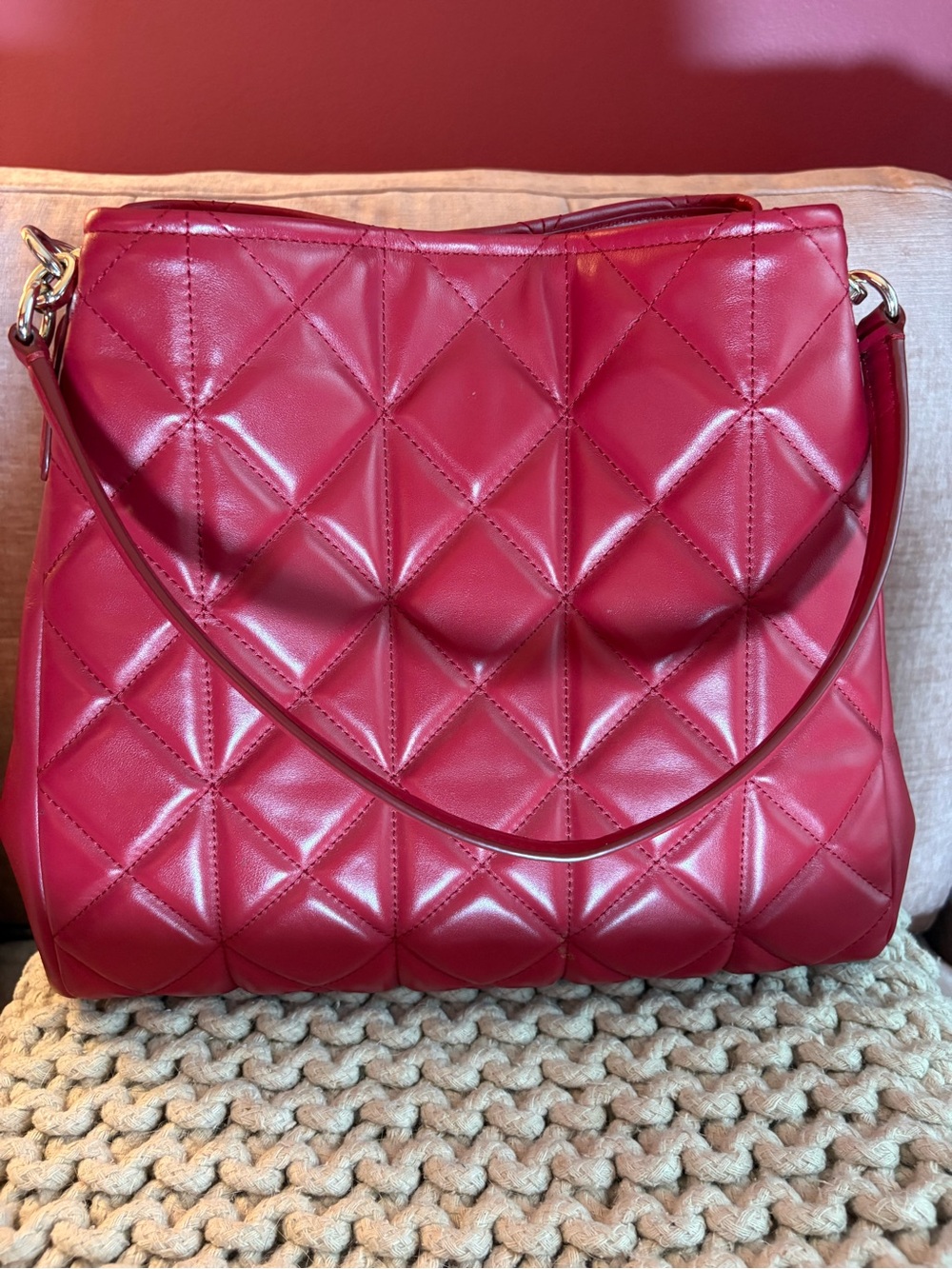 Coach Quilted Shoulder Bag in Deep Red Leather